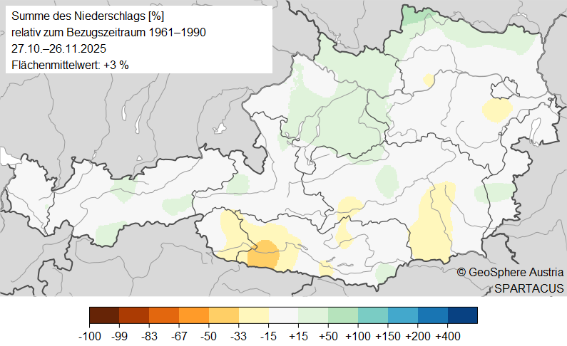 Relative Abweichung der über 31 Tage aufsummierten täglichen Niederschlagssumme bezüglich der Klimanormalperiode 1961 bis 1990