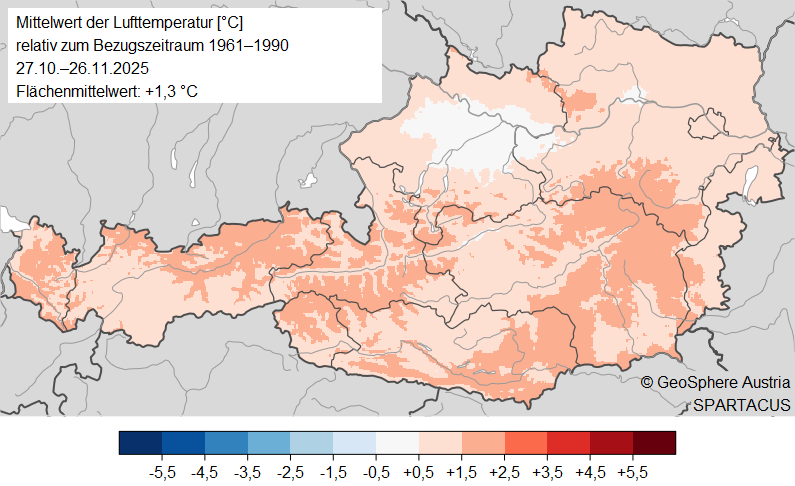 Absolute Abweichung der über 31 Tage gemittelten täglichen Mitteltemperatur bezüglich der Klimanormalperiode 1961 bis 1990